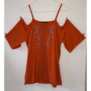Fred David Womens Orange Cold Shoulder Embroidered Lace Peasant Top Medium